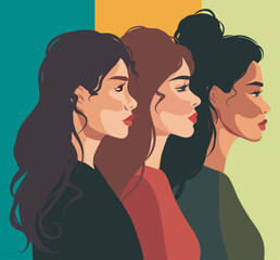 Multiethnic women banner. women stand sideways next to different cultures and nationalities. Vector concept of movement for gender equality and women's empowerment