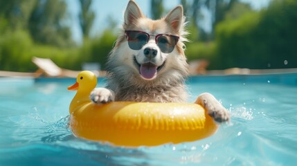 A long-haired dog cat wearing sunglasses and hat is smiling. Perched on a yellow duck-shaped rubber ring. Floating in a pond.