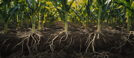 Obraz premium Detailed network of corn roots in the ground on a field