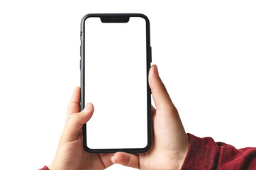 A child's hand holds a black smartphone with a blank screen and a modern frameless design. PNG.