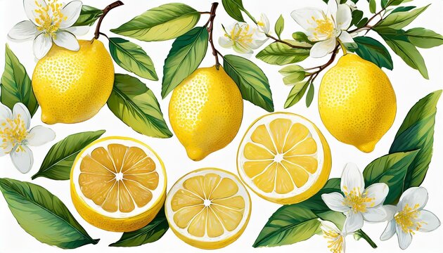 hand drawn abstract lemons set collection of whole and cut lemons branches flowers and leaves vector illustrations isolated on transparent background fresh juicy citrus fruit