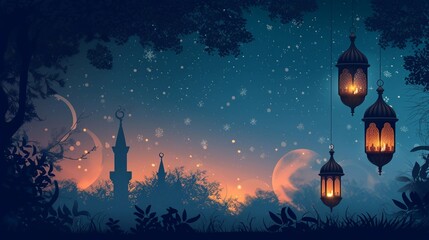 An illustration of a serene night scene with traditional Ramadan lanterns illuminating the surroundings, background image, generative AI