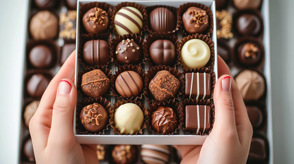 hands holds a box of chocolates. assorted chocolates confectionery in their gift box on the white...