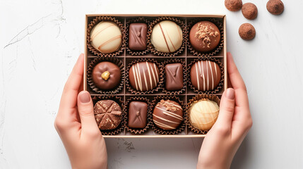 hands holds a box of chocolates. assorted chocolates confectionery in their gift box on the white...