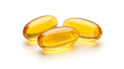Golden color oil in soft gel capsule isolated on white background. 
