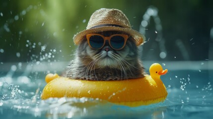A long-haired fat cat wearing sunglasses and hat is smiling. Perched on a yellow duck-shaped rubber ring. Floating in a pond. - obrazy, fototapety, plakaty