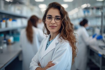 Beautiful young woman scientist wearing white coat and glasses in modern Medical Science Laboratory with Team of Specialists on background, Generative AI