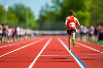 Fototapeta premium Male runner sprinting towards the finish line at a track event with and blurred audience