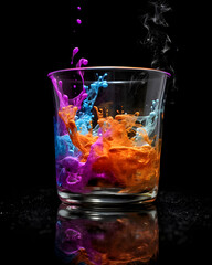 colorful liquid splashes into a glass