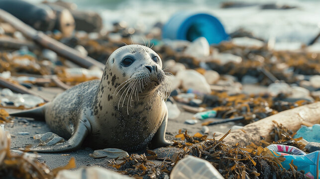Seal on a garbage-strewn beach, marine pollution, wildlife