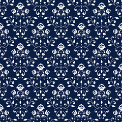 Blue and white damask seamless pattern. Floral print