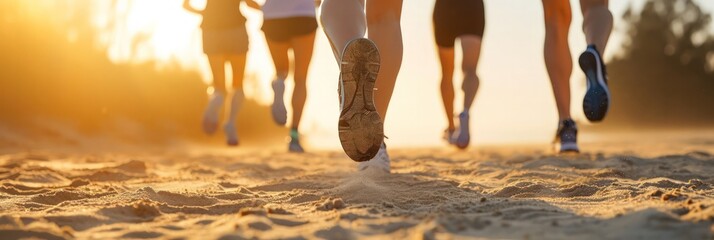 Runners feet in action on a sandy beach at golden hour, with a focus on movement - obrazy, fototapety, plakaty