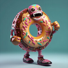 a cartoon doughnut with a monster face and arms