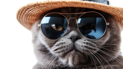  A fat cat wearing Oversized sunglasses and hat is smiling. clean white background.
