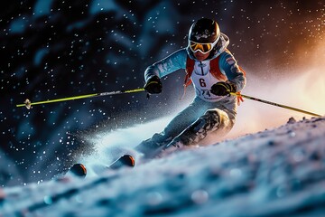 A daring individual glides down the snowy slope, skillfully navigating with their ski poles, fully immersed in the exhilarating winter sport of skiing