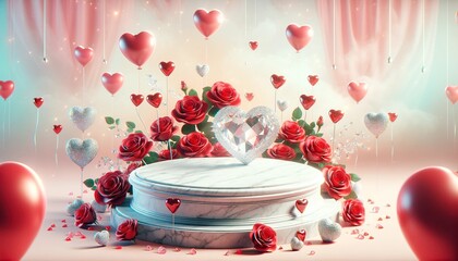 The marble product stage is surrounded by red roses and translucent hearts. Create a luxurious and expensive atmosphere on Valentine's Day and Wedding Day