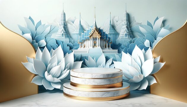 Thai style marble pedestal surrounded by lotus flowers The background is a pastel blue wall. Create a Thai cultural atmosphere on Songkran and Loy Krathong days