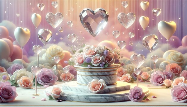 The marble product stage is surrounded by pastel roses and crystal hearts. Create a luxurious and expensive atmosphere on Valentine's Day and Wedding Day.