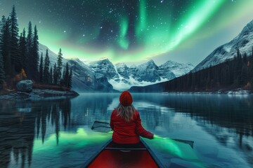 A solitary woman, her red coat a vibrant contrast against the snowy landscape, glides peacefully in a canoe across the tranquil lake, surrounded by the dancing green lights of the aurora and the maje - Powered by Adobe