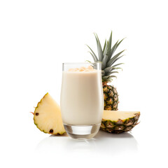 a glass of milk with a pineapple and a slice of pineapple