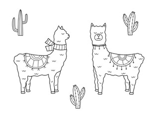 Cute cartoon llama sketch icon. Vector illustration of a funny animal coloring.