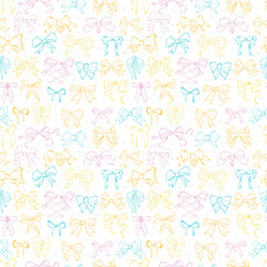Seamless pattern featuring hand-drawn doodle bow ties in various styles and shapes in bright colors on white. Suiitable for stylish and elegant textile or paper designs.