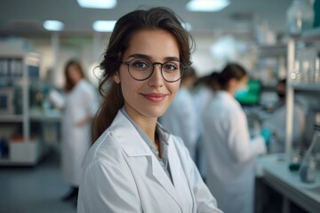 Beautiful young woman scientist wearing white coat and glasses in modern Medical Science Laboratory with Team of Specialists on background, Generative AI