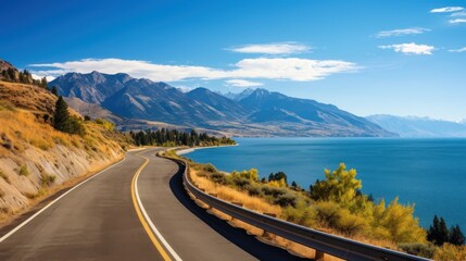 Mountains lake highway with beautiful views