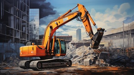 Witness the power and precision of heavy construction machinery with an excavator, a stalwart of the construction industry, adept at shaping landscapes and building foundations. - obrazy, fototapety, plakaty