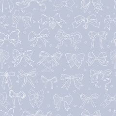 Seamless pattern featuring hand-drawn doodle bow ties in various styles and shapes in pastel lavender color. Suiitable for stylish and elegant textile or paper designs.