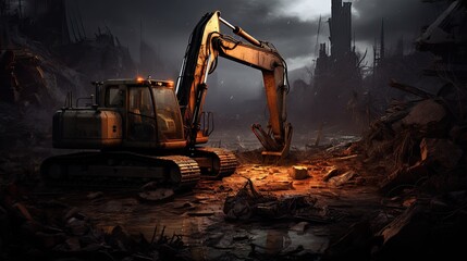 Commanding attention on the construction site, the excavator stands as a symbol of efficiency and strength, embodying the essence of heavy equipment in modern construction. - obrazy, fototapety, plakaty