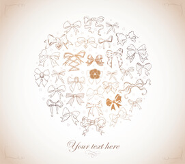 Vector illustration with various bow ties and delicate embellishments in vintage style forming a circle, with space for custom text, ideal for elegant invitations and other design templates.