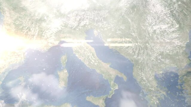 Zoom in from space and focus on San Benedetto del Tronto, Italy. 3D Animation. Background for travel intro. Elements of this image furnished by NASA