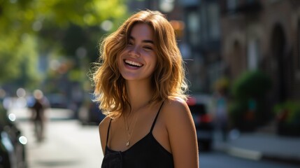 Smiling Red-Haired Woman on City Street