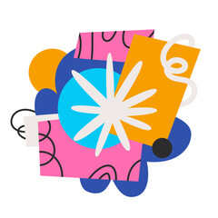 Groovy cartoon composition of geometric shapes, flower and spiral lines. Funny retro doodle collage with twisting elements, cartoon simple shapes, contemporary funky geometry vector illustration