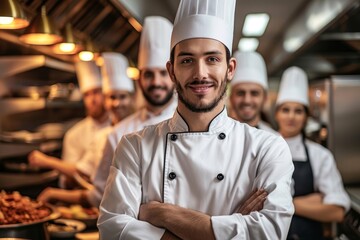 Portrait of chef standing with his team on background in commercial kitchen at restaurant, Generative AI