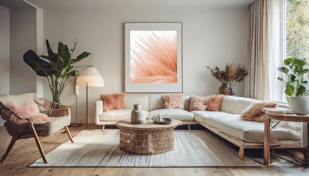 living room with scandinavian influences featuring beige and peach fuzz accents focus on a white framed mockup painting