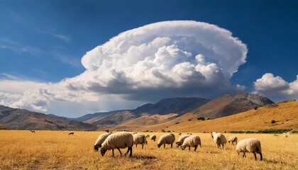 Fototapeta premium sheep grazing in dry season under a big cloud