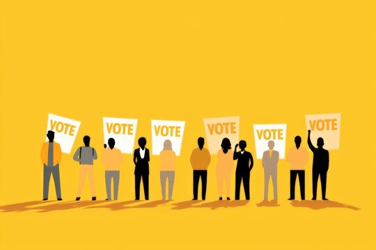Silhouetted figures holding 'VOTE' signs against yellow backdrop, diverse civic engagement