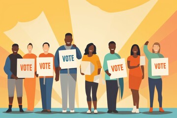diverse group of animated characters holding 'VOTE' signs, electoral participation and democracy - obrazy, fototapety, plakaty