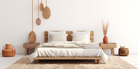 Fototapeta na wymiar Boho-style mockup of bedroom interior with bed, carpet, table, and white wall background with decor.