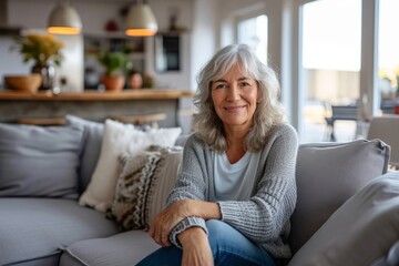 Obraz premium Smiling middle aged woman sitting on sofa at home, single mature senior in living room, Generative AI