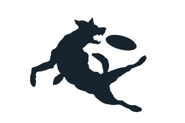 Dog catch frisbee. Isolated silhouette of jumping pet. Puppy play with disc. Black drawing of doggy portrait. Active leisure scene