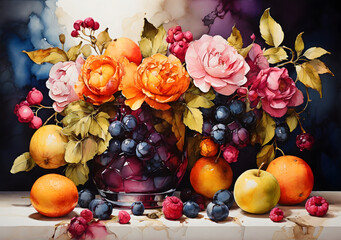 Vibrant Autumn Harvest: Fresh and Healthy Fruits in a Still Life Arrangement - Apple, Orange, Grapes, Pineapple, Kiwi, Pear, Banana, Strawberry, Lemon, and More on a White Background