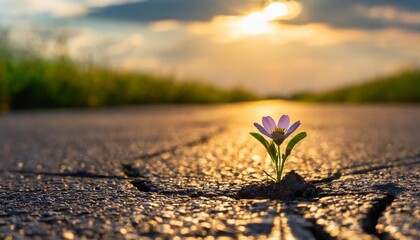 a small flower growing on a cracked asphalt road glistens in the light of the setting sun success...