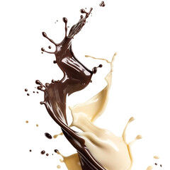 Fototapeta premium chocolate and vanilla swirl falling, abstract mockup splash of both milk shake, isolated on white background
