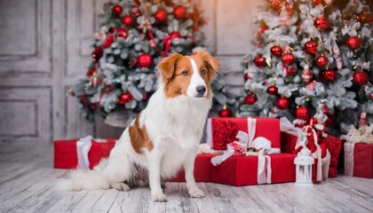 un perro delante de un arbol de navidad al estilo blanco y rojo