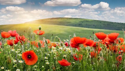 spring meadow with grass and poppy flowers blooming isolated on transparent background