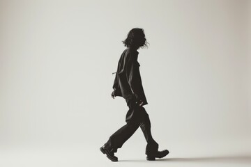 Man Walking Across White Floor in Black and White Photo