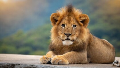a close up of a lion laying on the ground with it s front paws on the ground looking at the camera lion head portrait baby face